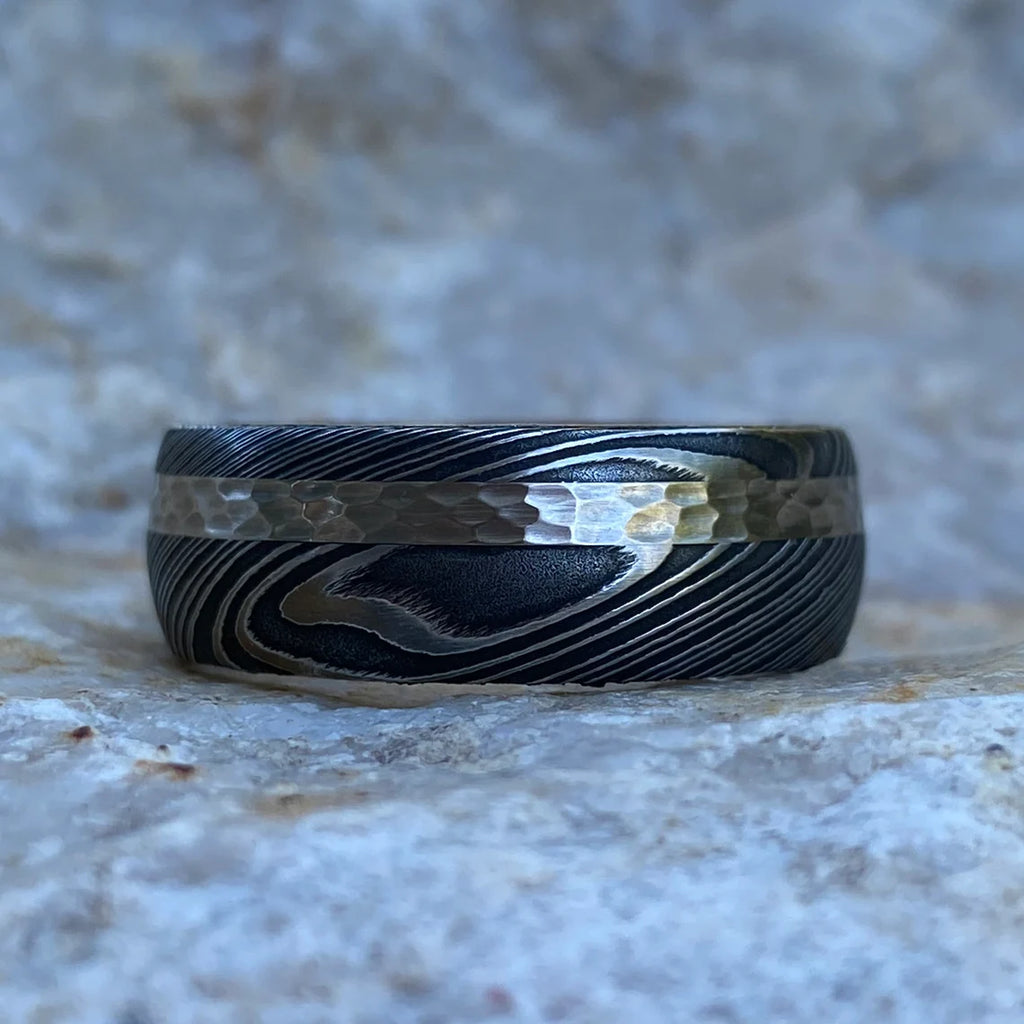 Damascus Steel Ring with 14K White Gold inlay and Whiskey Barrel Sleeve