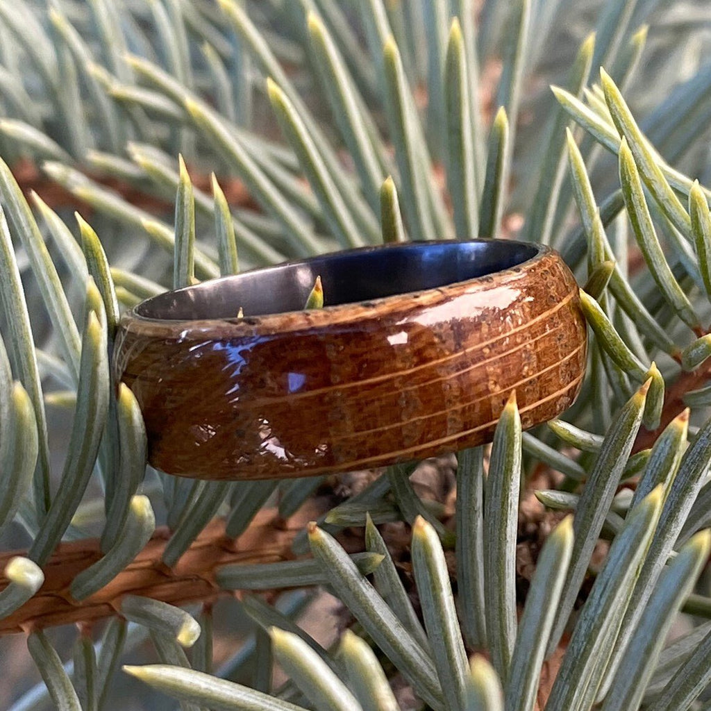 Mens Wedding Bands Whiskey Rings - Whiskey Barrel and Black Zirconium Ring Handmade Custom Whiskey Barrel Rings