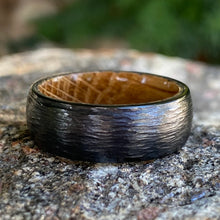 Men's Black Titanium Wedding Bands Tree Bark Finish Whiskey Rings - Handmade Custom Whiskey Barrel Core Black Rings
