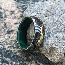 14k White Gold Damascus Steel Wedding Ring with Green Box Elder Burl Sleeve