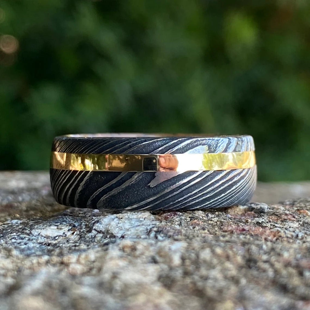Mens Wedding Band Damascus Steel Ring 14k Yellow Gold Ring Whiskey Barrel Ring Damascus Wedding Ring