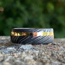Mens Wedding Band Damascus Steel Ring 14k Yellow Gold Ring Whiskey Barrel Ring Damascus Wedding Ring