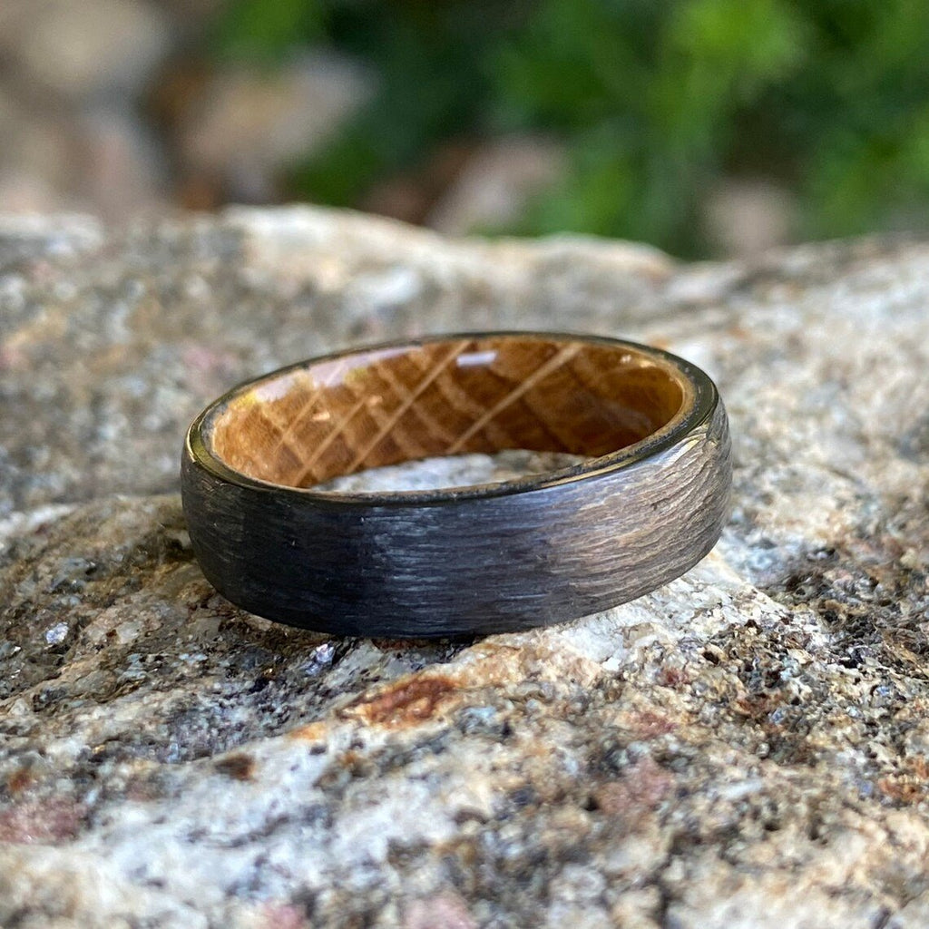 Mens Wedding Bands Whiskey Rings - Handmade Custom Whiskey Barrel Core Black Rings