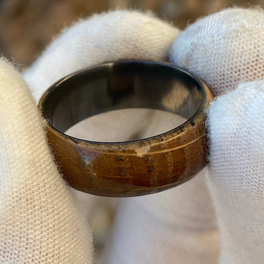 Mens Wedding Bands Whiskey Rings - Whiskey Barrel and Black Zirconium Ring Handmade Custom Whiskey Barrel Rings