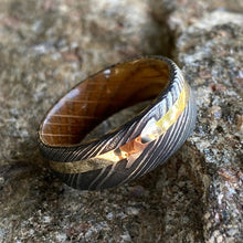 Mens Wedding Band Damascus Steel Ring 14k Yellow Gold Ring Whiskey Barrel Ring Damascus Wedding Ring