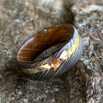 Mens Wedding Band Damascus Steel Ring 14k Yellow Gold Ring Whiskey Barrel Ring Damascus Wedding Ring