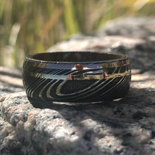 8mm Damascus Steel Ring with Dual 14k Yellow Gold & Rose Gold Off Center Grooves and a Arizona Ironwood Sleeve