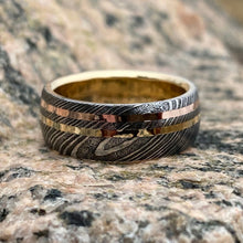 8mm Wide Damascus Steel Ring with Dual 14k Rose & Yellow Gold Off Center Grooves and a 14k Solid Gold Sleeve