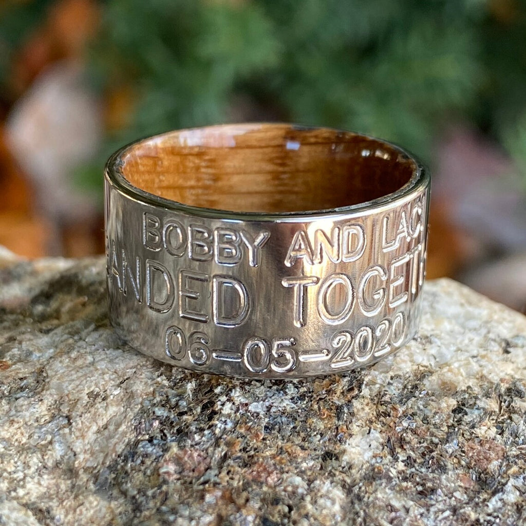 12mm Wide Personalized Duck Band With Whiskey Barrel Sleeve - USA Made Custom Wedding Bands & Rings