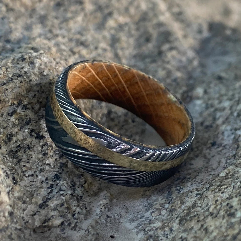 Mens Wedding Band Damascus Steel Ring 14k Yellow Gold Ring Whiskey Barrel Ring Damascus Wedding Ring