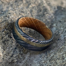 Mens Wedding Band Damascus Steel Ring 14k Yellow Gold Ring Whiskey Barrel Ring Damascus Wedding Ring
