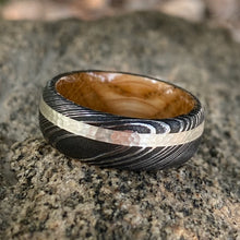 Mens Wedding Band Damascus Steel Ring Sterling Silver Inlay With Whiskey Barrel Sleeve Custom Wedding Rings