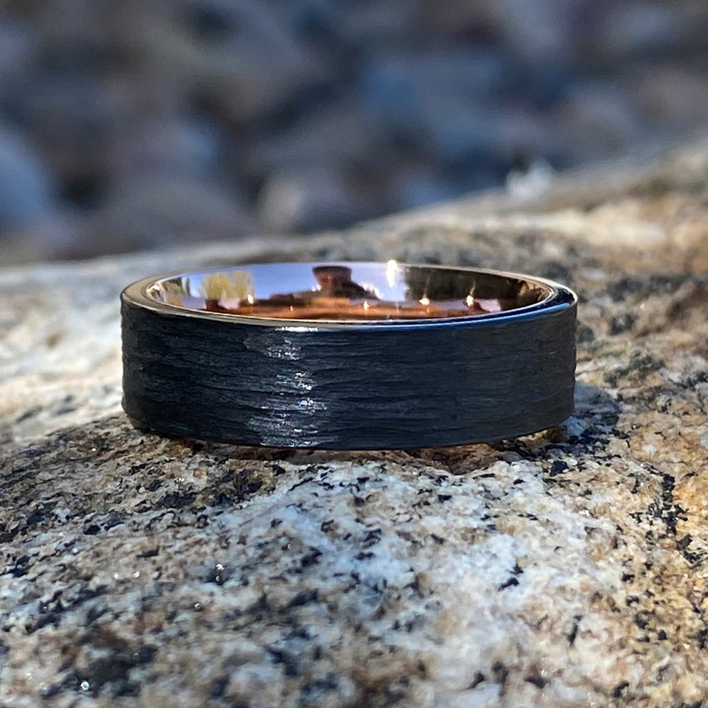 Black Zirconium Men's Wedding Ring - 6mm Flat Men's Ring with Tree Bark Finish - Handcrafted Black Wedding Band with Rose Gold Sleeve