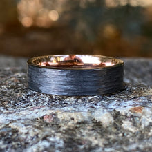 Black Zirconium Men's Wedding Ring - 6mm Flat Men's Ring with Tree Bark Finish - Handcrafted Black Wedding Band with Rose Gold Sleeve