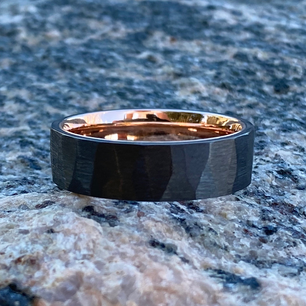 6mm Black Zirconium Mens Ring with 14k Rose Gold Sleeve - Hammered Finish - Mens Wedding Bands - Black Ring - Mens Wedding Ring