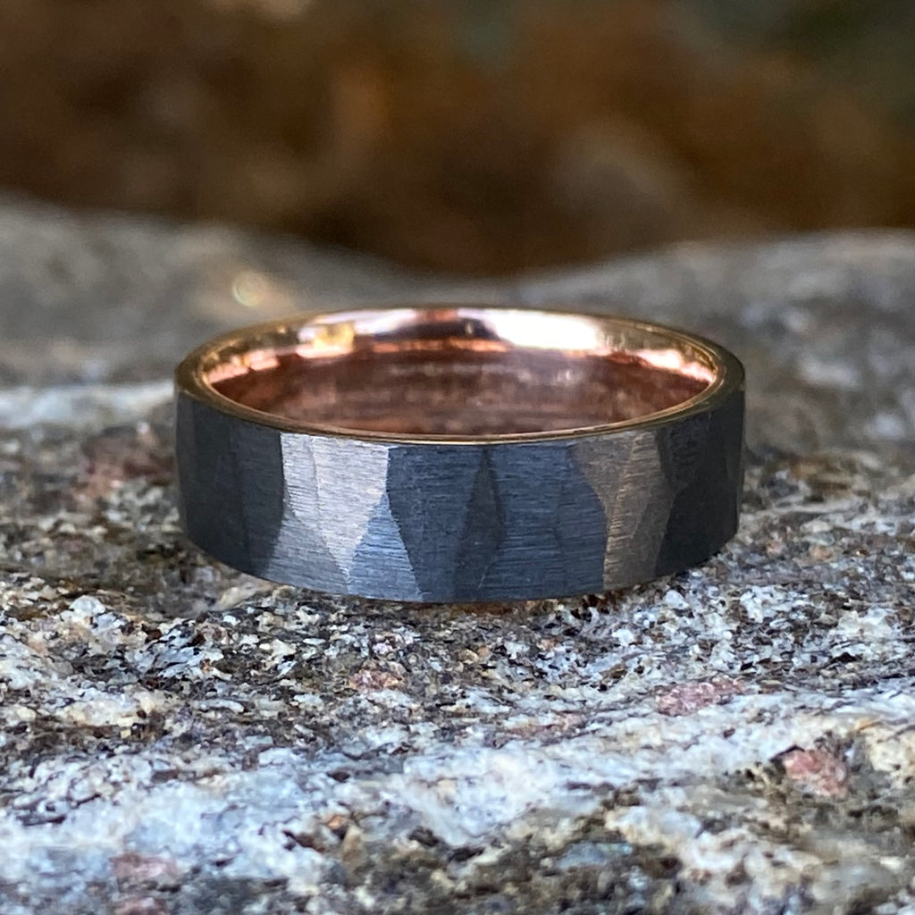 6mm Black Zirconium Mens Ring with 14k Rose Gold Sleeve - Hammered Finish - Mens Wedding Bands - Black Ring - Mens Wedding Ring