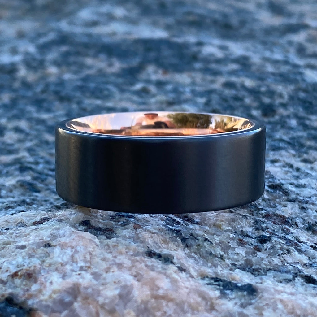 8mm Black Zirconium Mens Ring - USA Made Black Mens Wedding Band with 14k Rose Gold Sleeve - Brushed Finish - Black Ring - Mens Wedding Rings