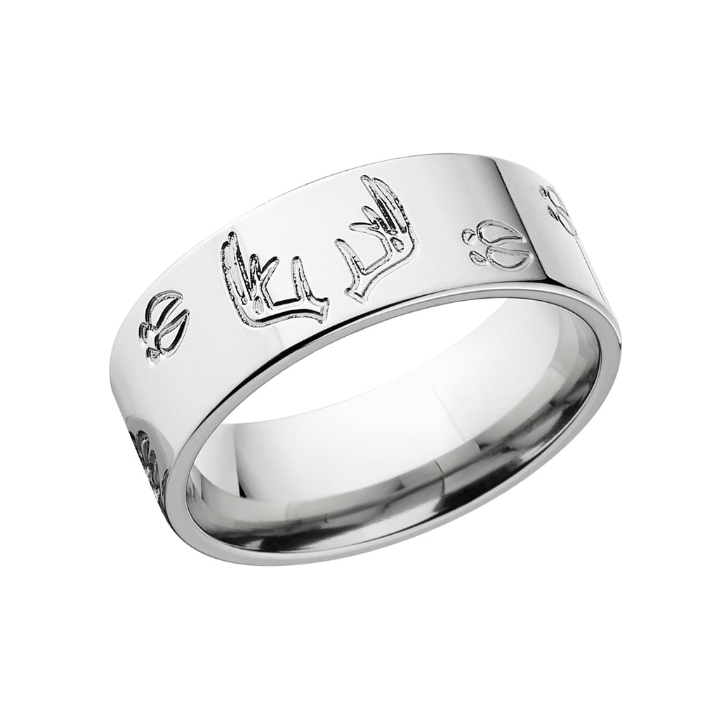 8mm Deer Antler and Deer Tracks 14k White Gold Rings, Comfort Fit Bands, USA MADE Wedding Band