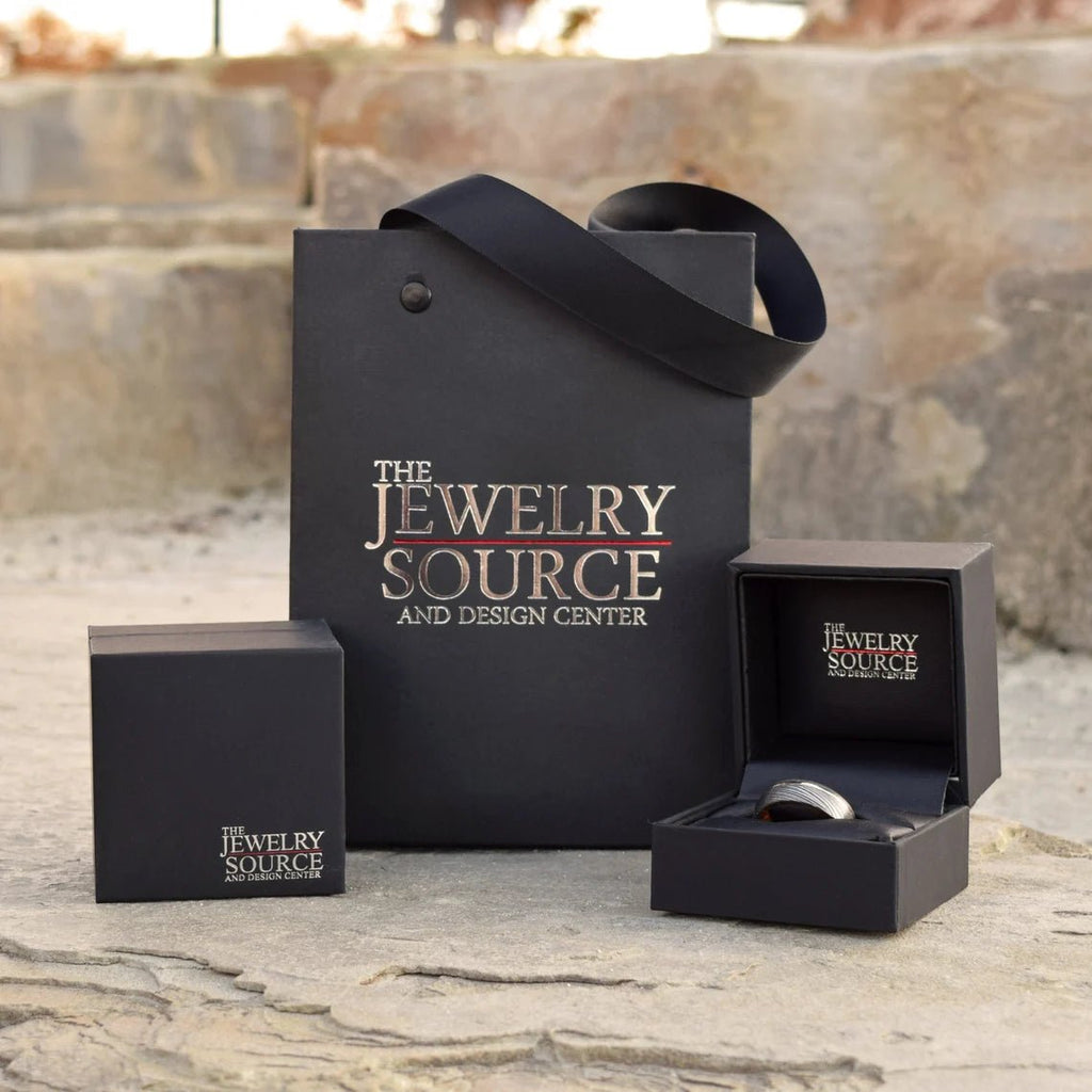 His and Her Damascus Wedding Ring Set with Copper Inlay