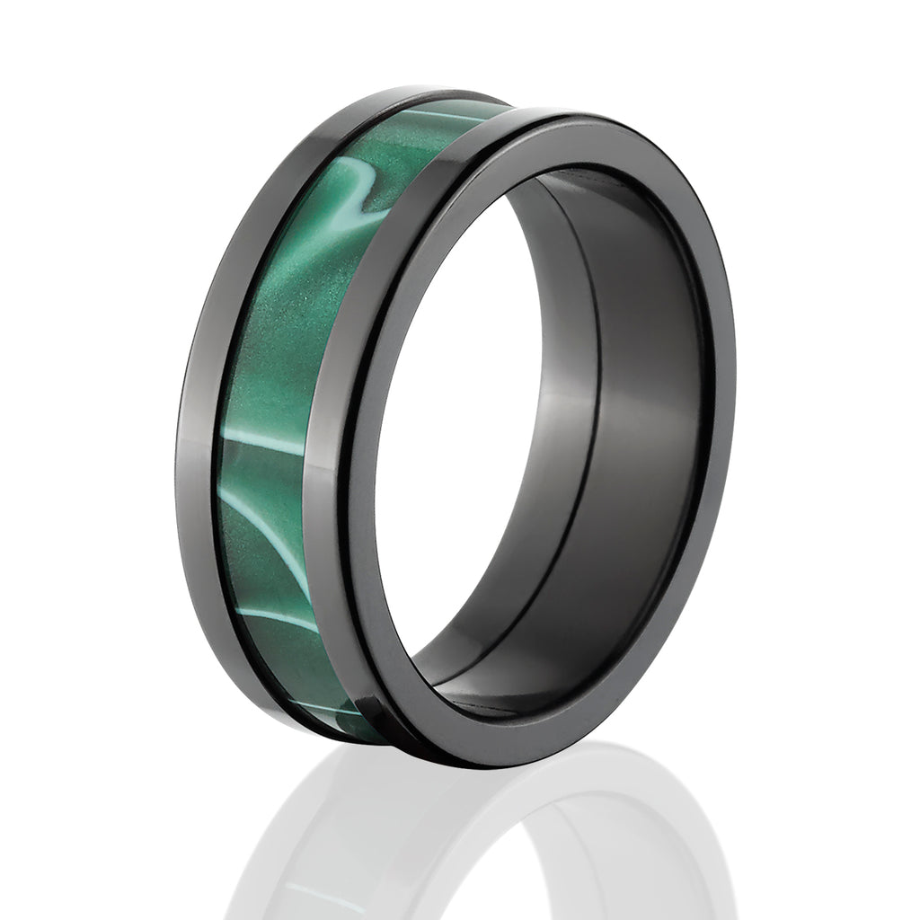 Black Zirconium Men's Ring with Jade Swirl - Men's Wedding Bands