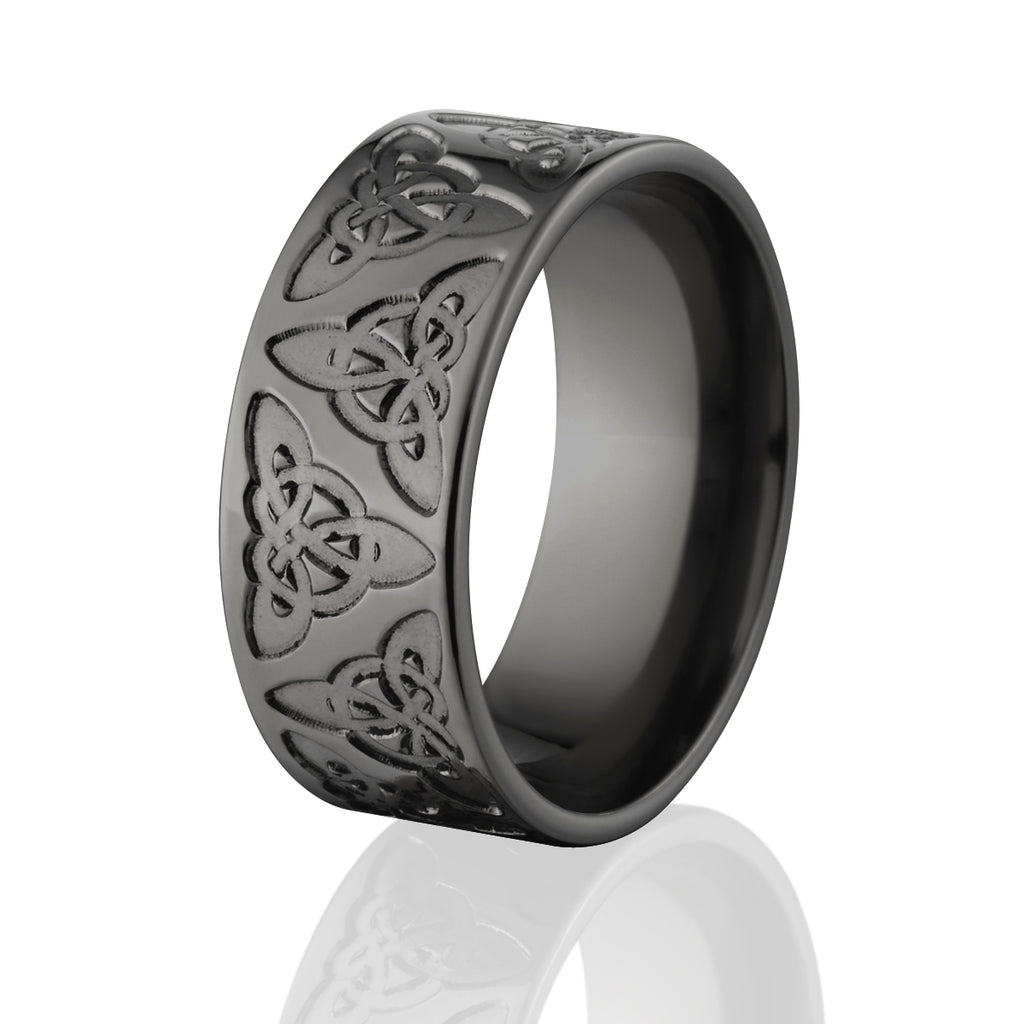 Carved Celtic Wedding Rings: Black Zirconium Band