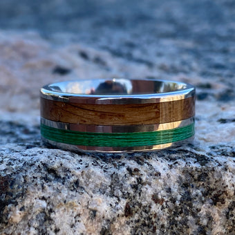 Custom Titanium Mens Wedding Band with Whiskey Barrel & Green Fishing Line Inlays - 8mm Fishing Ring with Comfort Fit - Unique Mens Ring