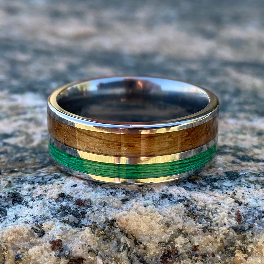 Custom Titanium Mens Wedding Band with Whiskey Barrel & Green Fishing Line Inlays - 8mm Fishing Ring with Comfort Fit - Unique Mens Ring