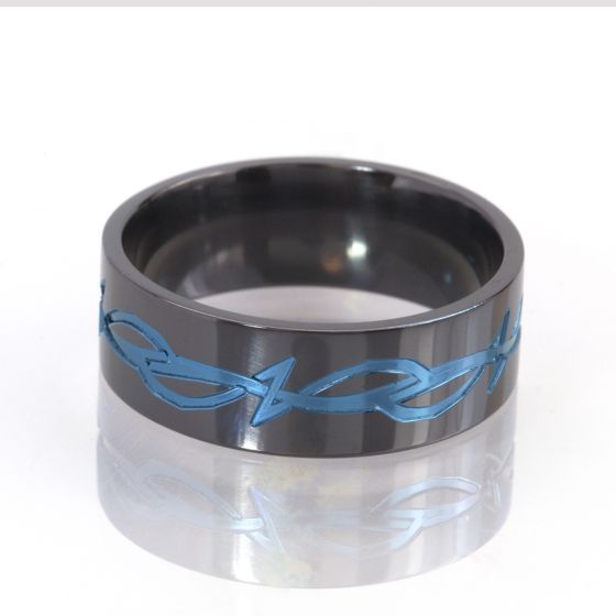 Blue Anodized Tribal Ring, Black Zirconium Ring, 8mm Ring