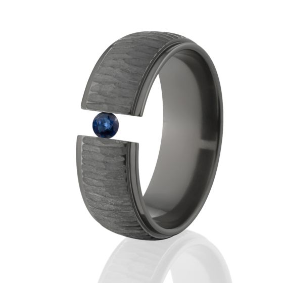8mm Tree Bark Ring, Sapphire Ring, Black Tension Set