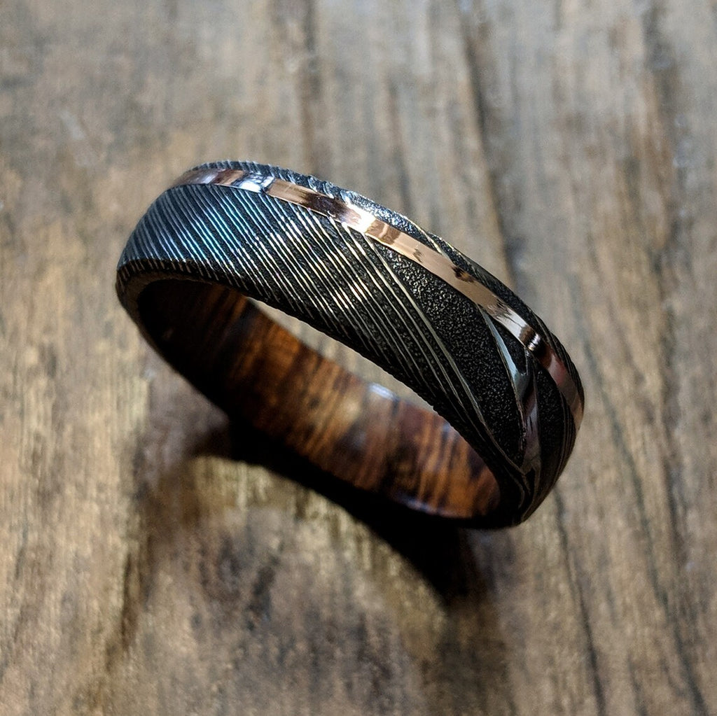 New 6mm Wide 14k Solid Rose Gold Damascus Steel Ring with Arizona Ironwood Sleeve