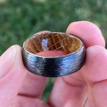 Men's Black Titanium Wedding Bands Tree Bark Finish Whiskey Rings - Handmade Custom Whiskey Barrel Core Black Rings