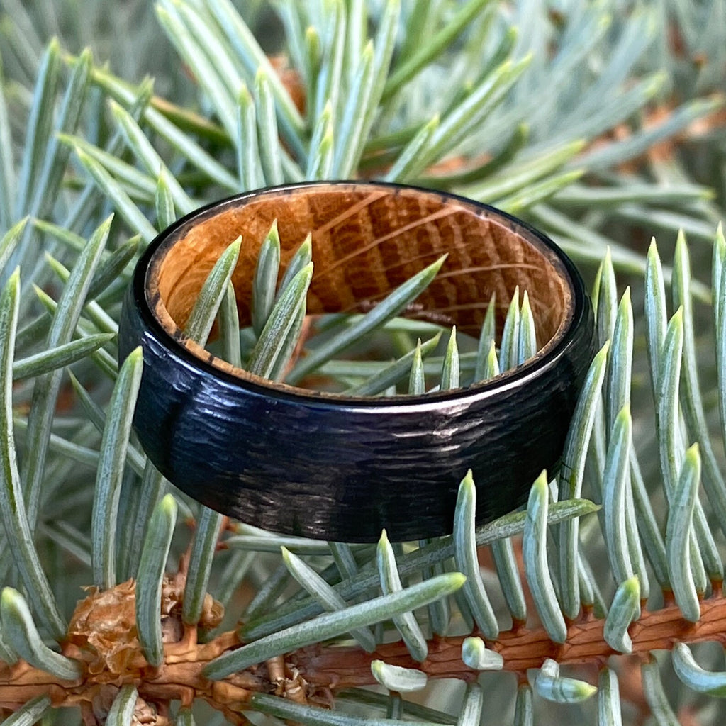 Men's Black Titanium Wedding Bands Tree Bark Finish Whiskey Rings - Handmade Custom Whiskey Barrel Core Black Rings