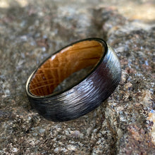 Men's Black Titanium Wedding Bands Tree Bark Finish Whiskey Rings - Handmade Custom Whiskey Barrel Core Black Rings