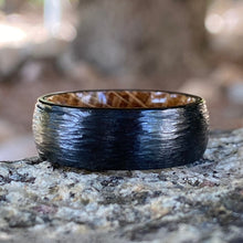 Men's Black Titanium Wedding Bands Tree Bark Finish Whiskey Rings - Handmade Custom Whiskey Barrel Core Black Rings