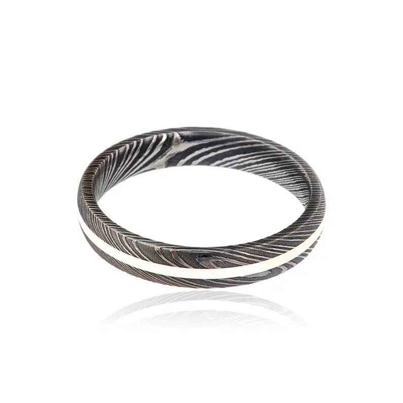 4mm Damascus Steel Wedding Band - Sterling Silver Inlay