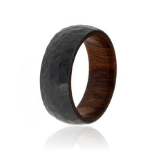 Arizona Ironwood And Black Zirconium Hammered Band Wood Sleeve 8mm Wide Rings