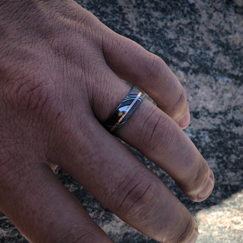 6mm Damascus Steel Ring - 14k Rose Gold - Men's Wedding Band