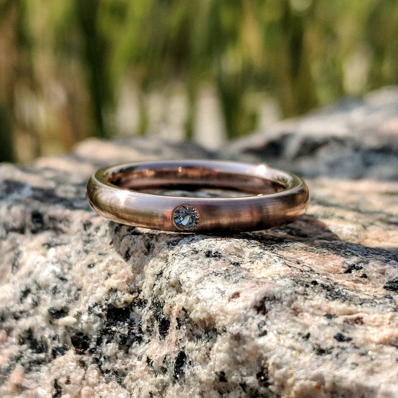 14k Rose Gold Wedding Ring with a 2.5mm Aquamarine Flush Set