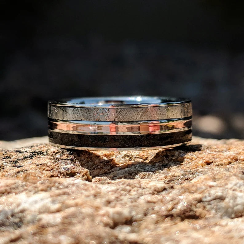 Men's Custom Cobalt Meteorite Wedding Band - 7mm Flat Profile Ring with Dinosaur Bone, Rose Gold, and Comfort Fit
