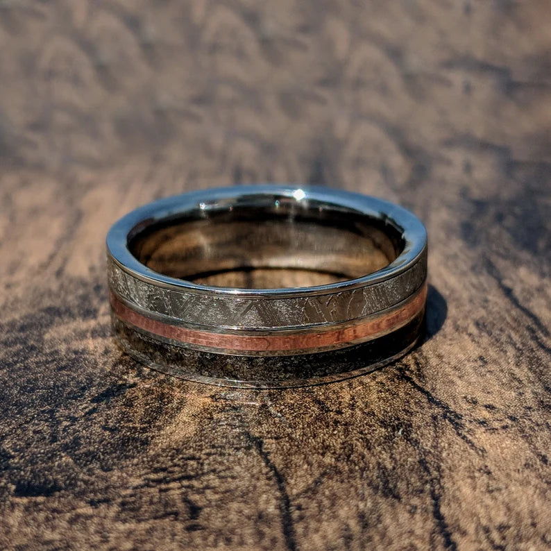 Men's Custom Cobalt Meteorite Wedding Band - 7mm Flat Profile Ring with Dinosaur Bone, Rose Gold, and Comfort Fit