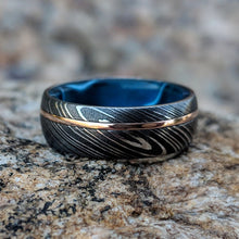 Damascus Steel Ring 14k Rose Gold Wedding Band with Inside Sapphire Blue Sleeve