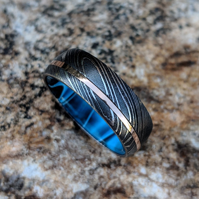Damascus Steel Ring 14k Rose Gold Wedding Band with Inside Sapphire Blue Sleeve