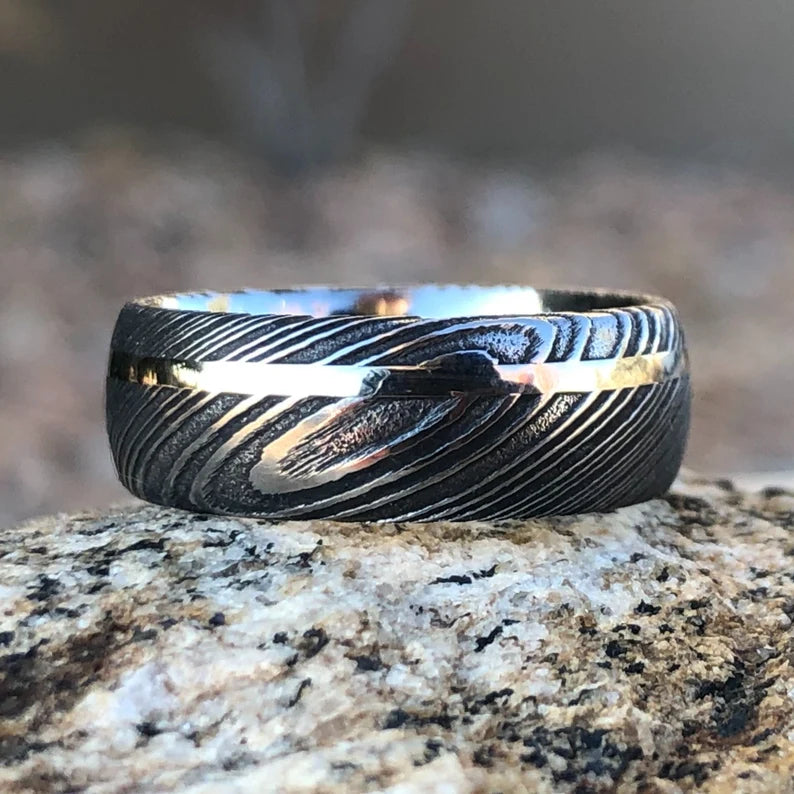 8mm Damascus Steel with 14K White Gold