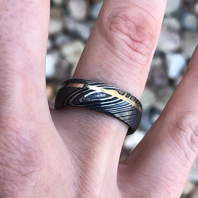 8mm Damascus Steel with 14K White Gold
