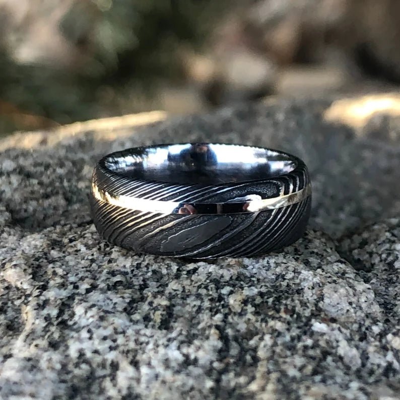 8mm Damascus Steel with 14K White Gold