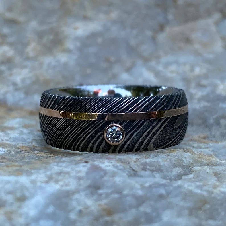 8mm Damascus Steel Wedding Ring with 14k Rose Gold Inlay and 3mm Diamond Bezel - Men's Rings
