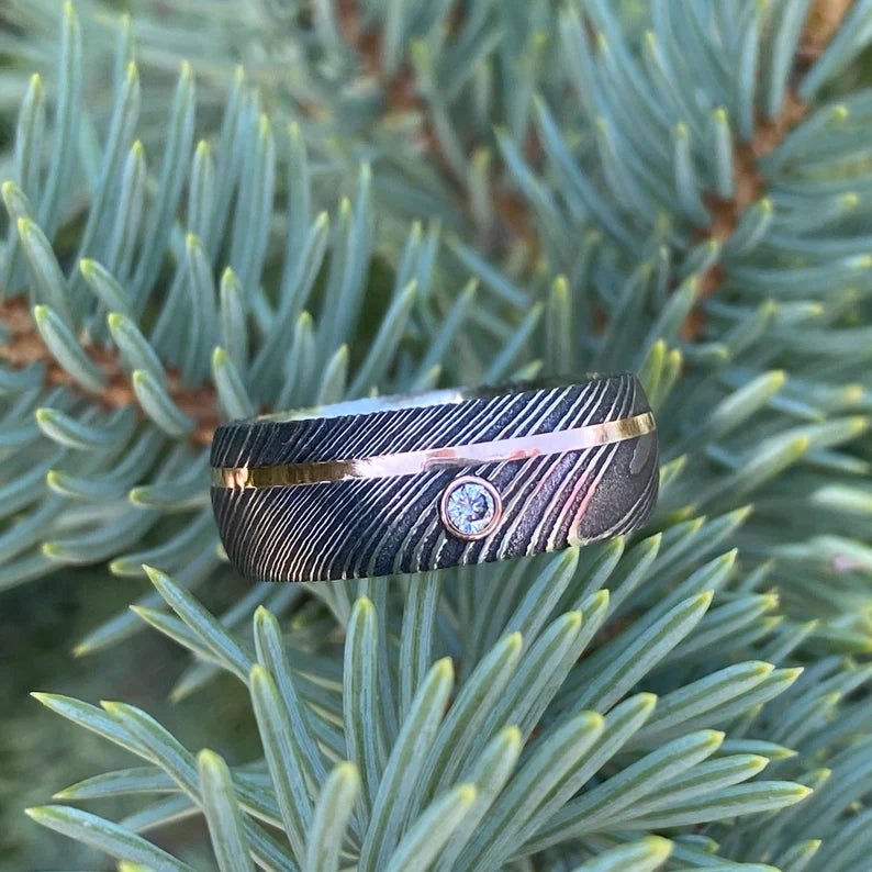 8mm Damascus Steel Wedding Ring with 14k Rose Gold Inlay and 3mm Diamond Bezel - Men's Rings