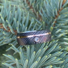 8mm Damascus Steel Wedding Ring with 14k Rose Gold Inlay and 3mm Diamond Bezel - Men's Rings