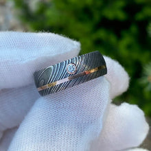 8mm Damascus Steel Wedding Ring with 14k Rose Gold Inlay and 3mm Diamond Bezel - Men's Rings
