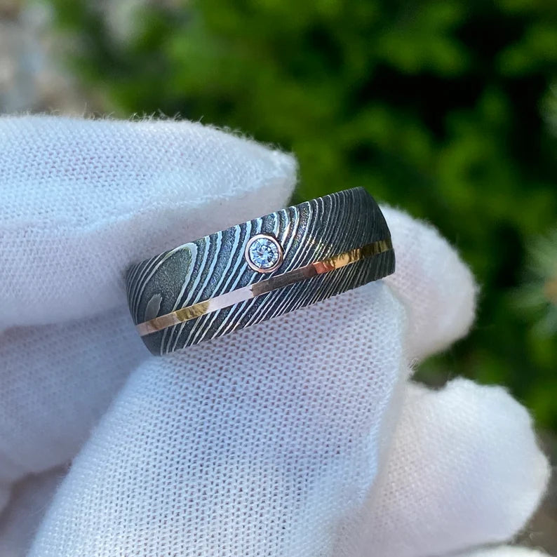 8mm Damascus Steel Wedding Ring with 14k Rose Gold Inlay and 3mm Diamond Bezel - Men's Rings